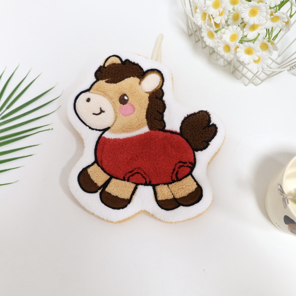 New Pony-Shaped Hanging Hand Towel, Coral Fleece Cartoon Design, Kitchen and Bathroom Cleaning Cloth, Household Children's Small Towel