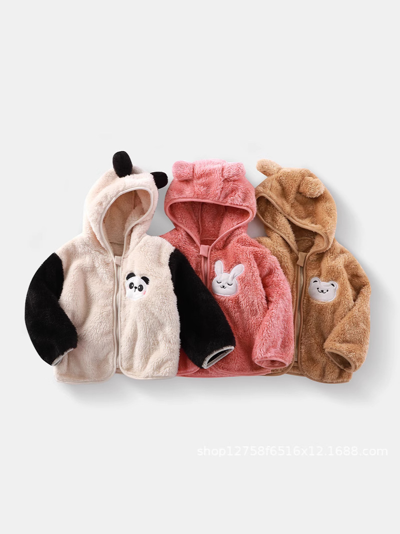 Children's Cartoon Plush Top Autumn and Winter New Baby Cute fleece-lined Hooded Zipper Shopback Home Clothes Jacket