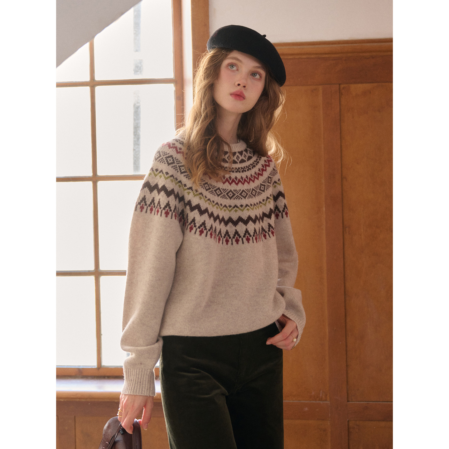 Simpleretro Winter Harbor Wool Crew Neck Fair Isle Sweater for Women, Lazy Soft Knit Sweater