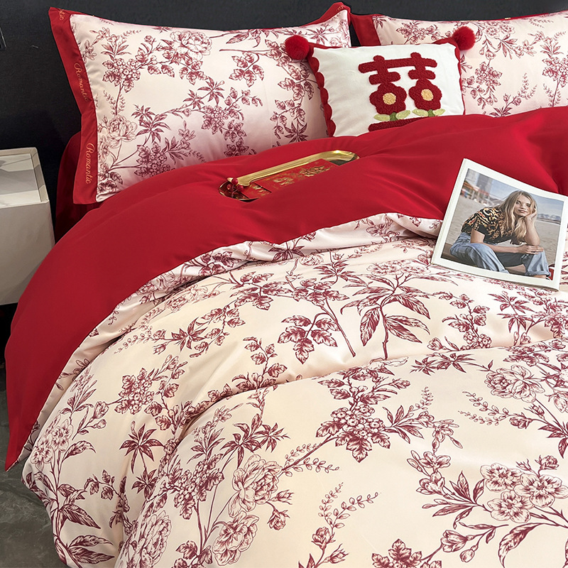 Красный свадебный комплект постельного белья из четырех предметов, праздничная свадебная наволочка, новые свадебные простыни, натяжные простыни, свадебное легкое роскошное постельное белье