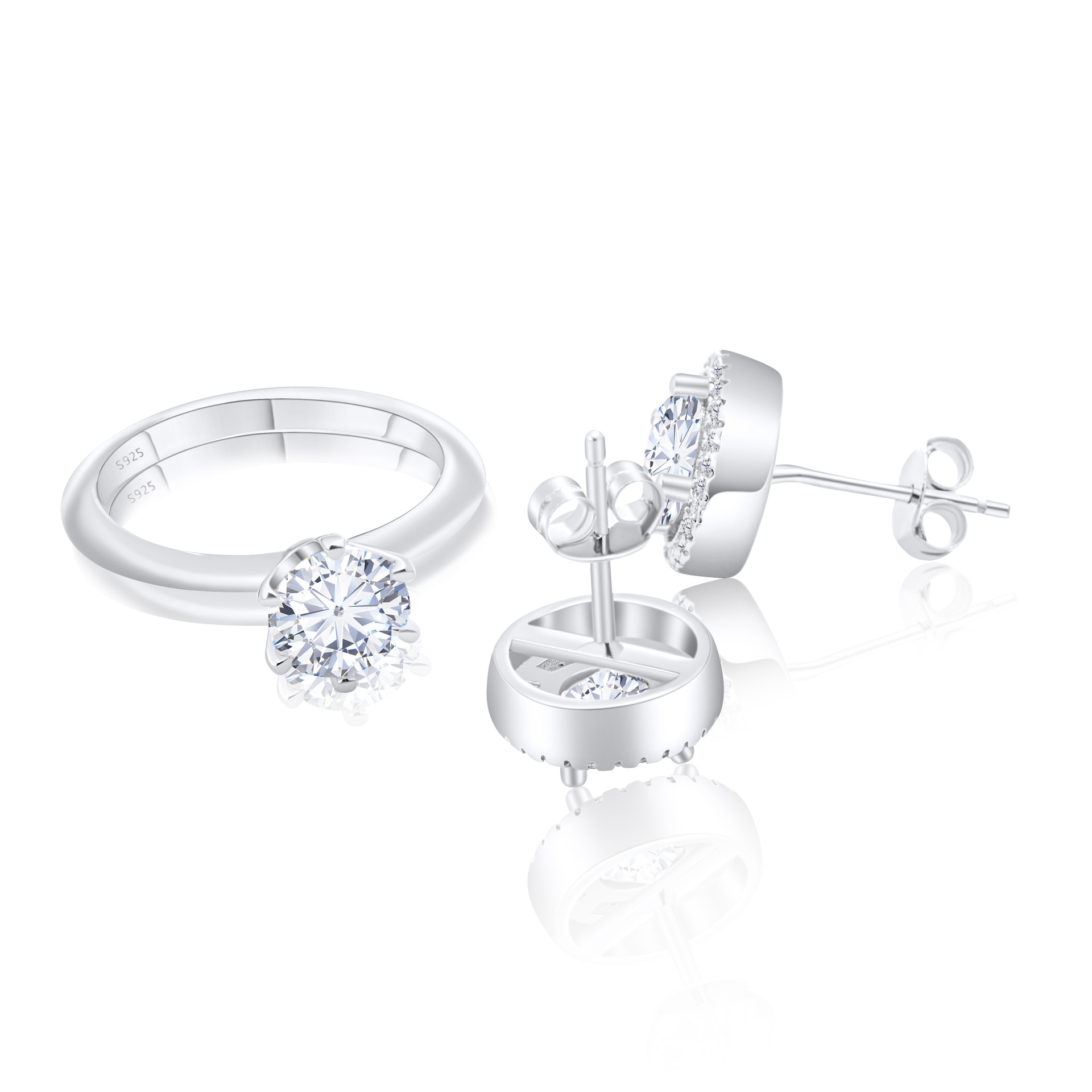 S925 Sterling Silver Moissanite Diamond Set Earrings Ring Set with Certificate Test Diamond Pen Sterling Silver Jewelry Set