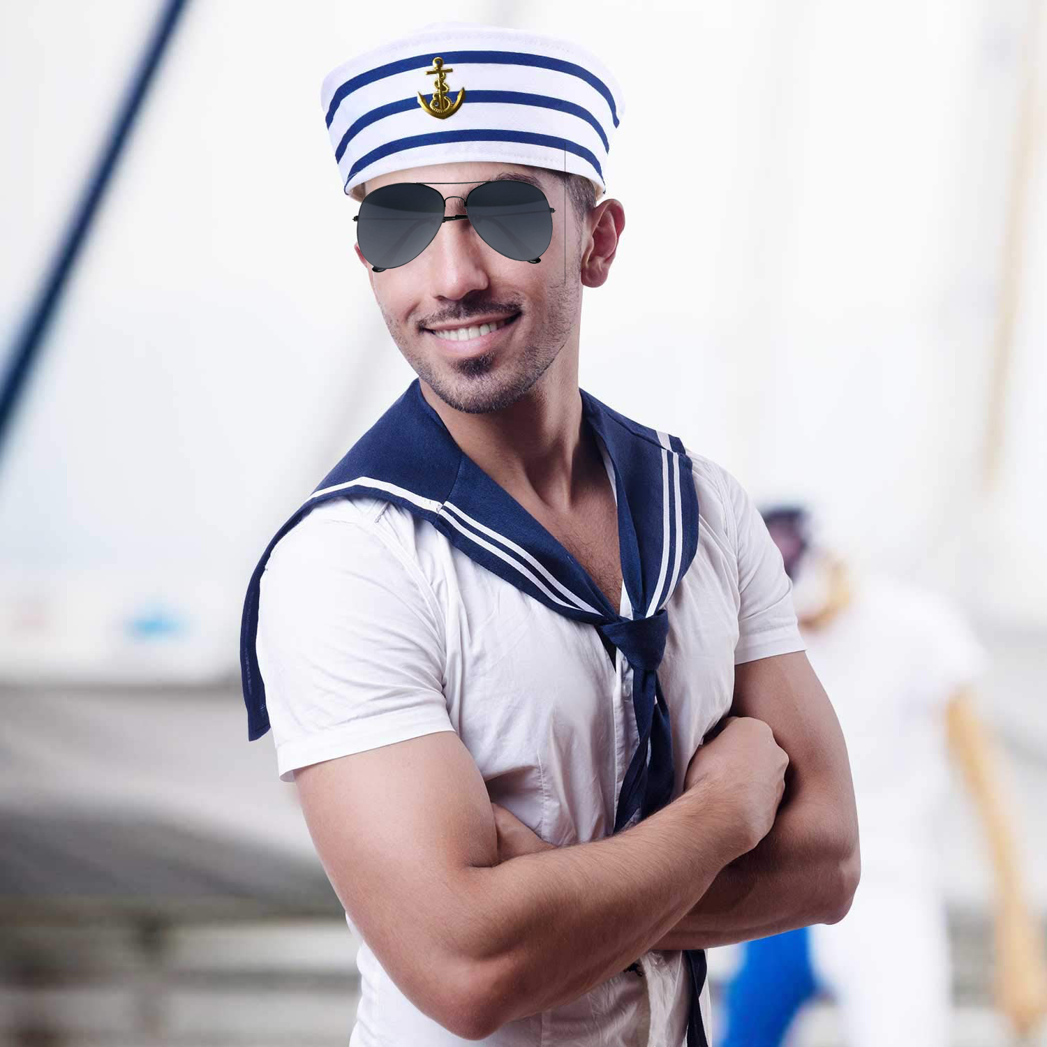 Summer Sailor Hat Blue and White Stripesd Navy Hat Cross-Border Sun Protection Hat Women's Halloween Cos Uniform Captain Hat