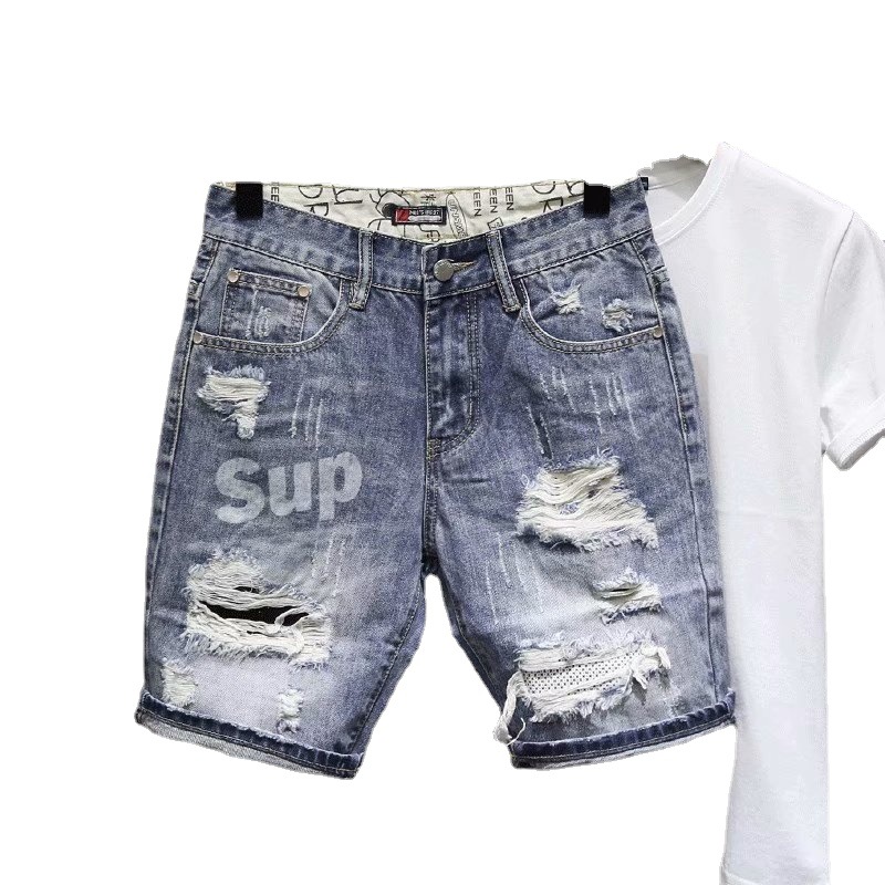 Summer Internet Celebrant Men's Denim Shorts with Hole Trendy Brand Distinctive Print Slim-fit Spiritual All-match Five-point Pants for Young Men
