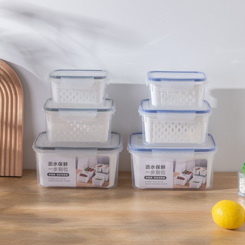 Refrigerator Storage Drain Fresh-keeping Box Blue Square Food Grade Special Refrigeration Frozen Sealed Kitchen Fruit and Vegetable Box