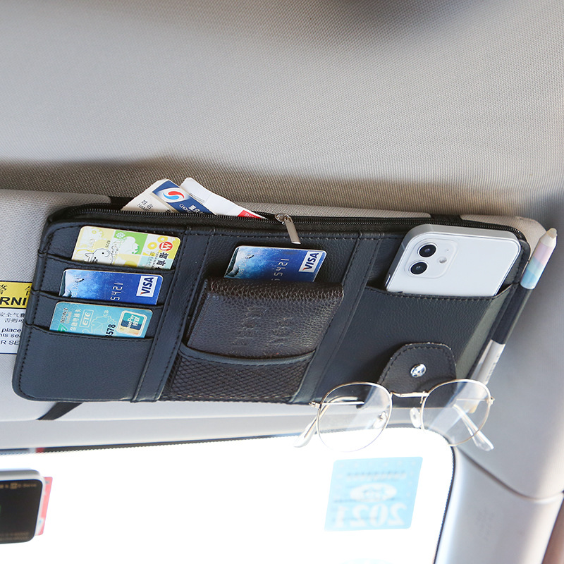 Bill Storage Bag Leather Car Interior Car Sun Visor Storage Bag Card Holder Glasses Holder Car Multifunctional