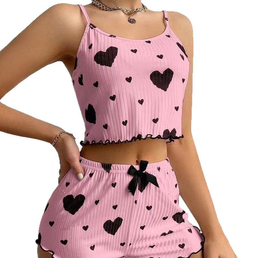 Cherry Temptation Cross-border Hot Selling Home Clothes Love Printed Sling Shorts Casual Outwear Women's Pajamas suit