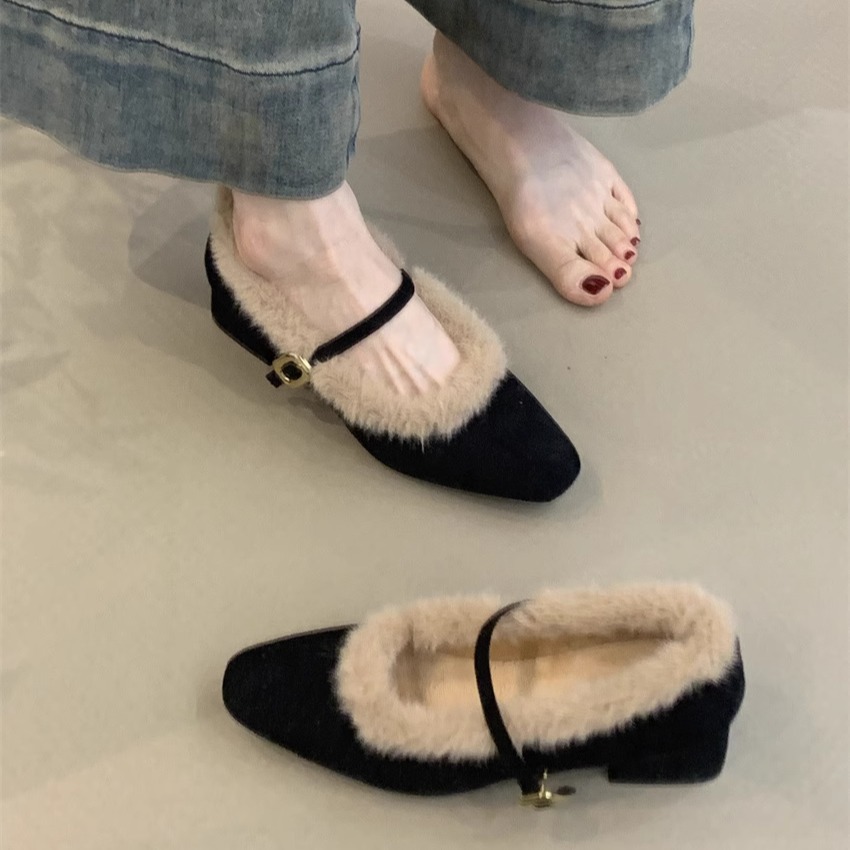 Thick-heeled Mary Jane Shoes Women's 2024 Winter French Elegant Elegant Fluffy Square Toe Shallow Mouth Warm High-heeled Cotton Shoes