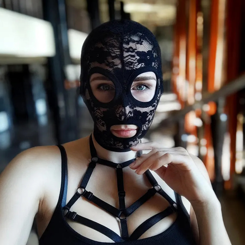 Black All-Inclusive Lace Hood Adjustable Lace-Up Mouth Mask Leather All-Inclusive Cosplay Adult
