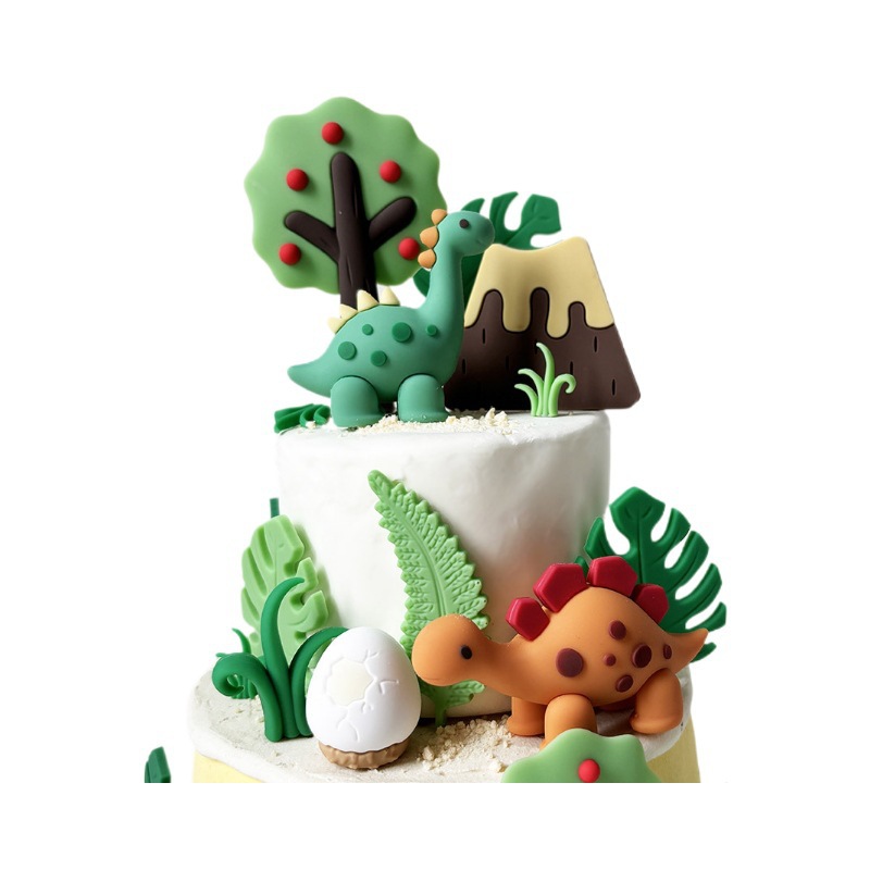 Soft Glue Baking Cake Decoration Ornaments Dinosaur Forest Leaves Fruit Tree Dinosaur Egg Grass Volcano Soft Glue Plug-In