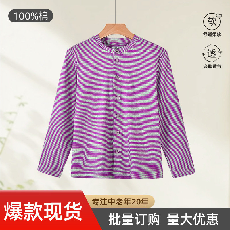 Кардиган из чистого хлопка для женщин осенью, для женщин среднего и пожилого возраста, плюс-сайз, пуговицы, полосатый, длинный рукав, термобелье для матерей