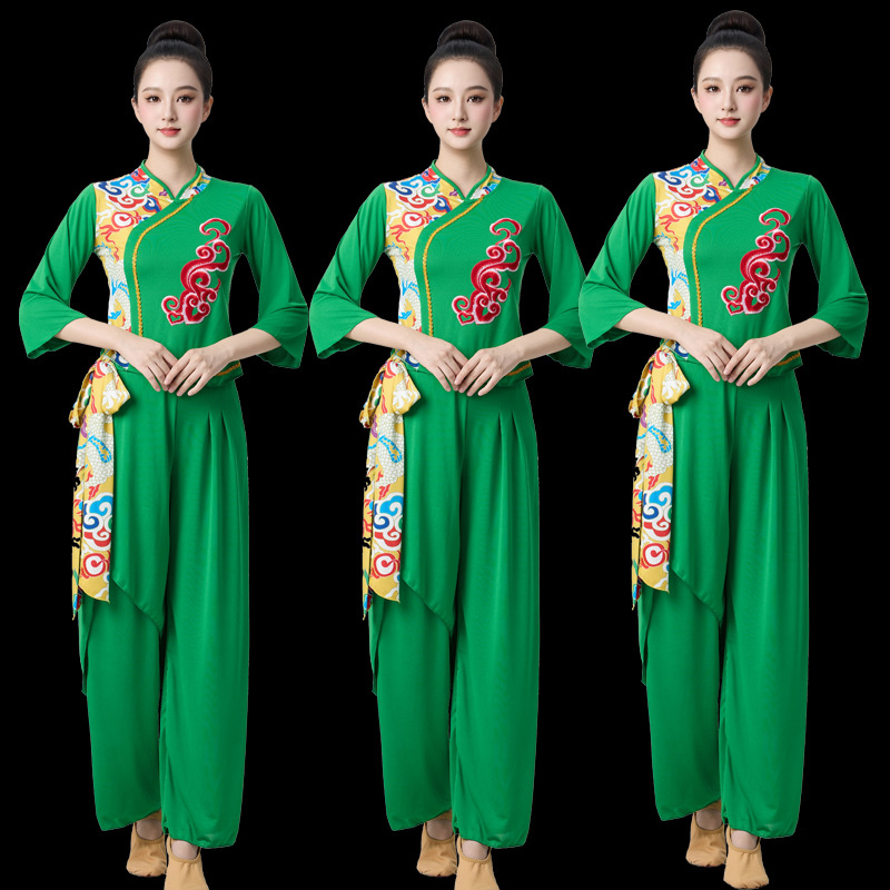 Square Dance Clothing Set Spring and Summer Shaanxi Yangko Dance Female Waist Drum Umbrella Dance Performance Clothing Ethnic Style Performance Clothing Long Sleeves
