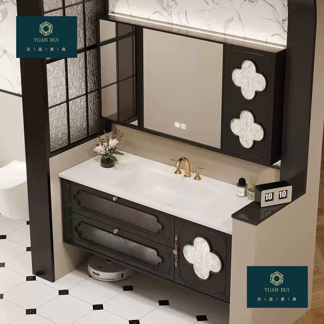 French-Style Rubber Wood New Vintage Bathroom Cabinet Set with Integrated Ceramic Washbasin