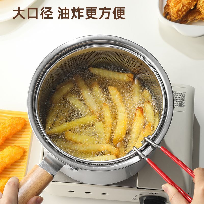 Stainless Steel Frying Pan Baby Food Supplement Small Milk Pot Household with Lid and Frying Basket Small Frying Pan Kitchen Multi-Function Frying Pan
