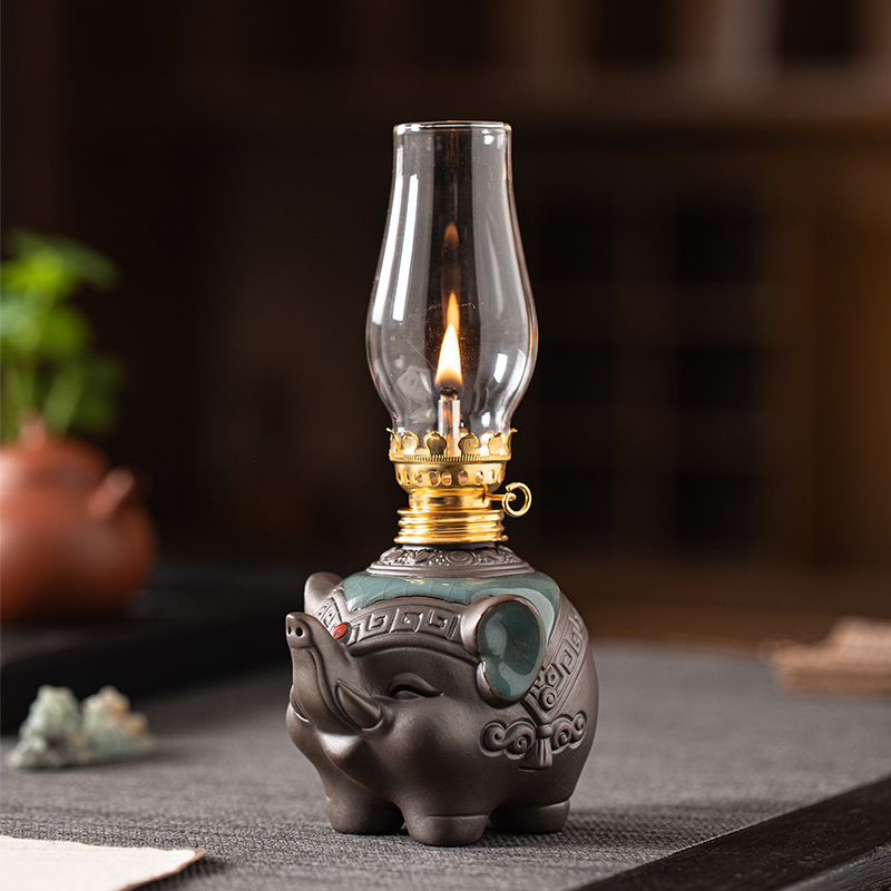 Ceramic Elephant Pair Butter Lamp Everlasting Lamp Home Tea Room Desktop Atmosphere Lamp Tangma Butter Aromatherapy Lamp Ornaments