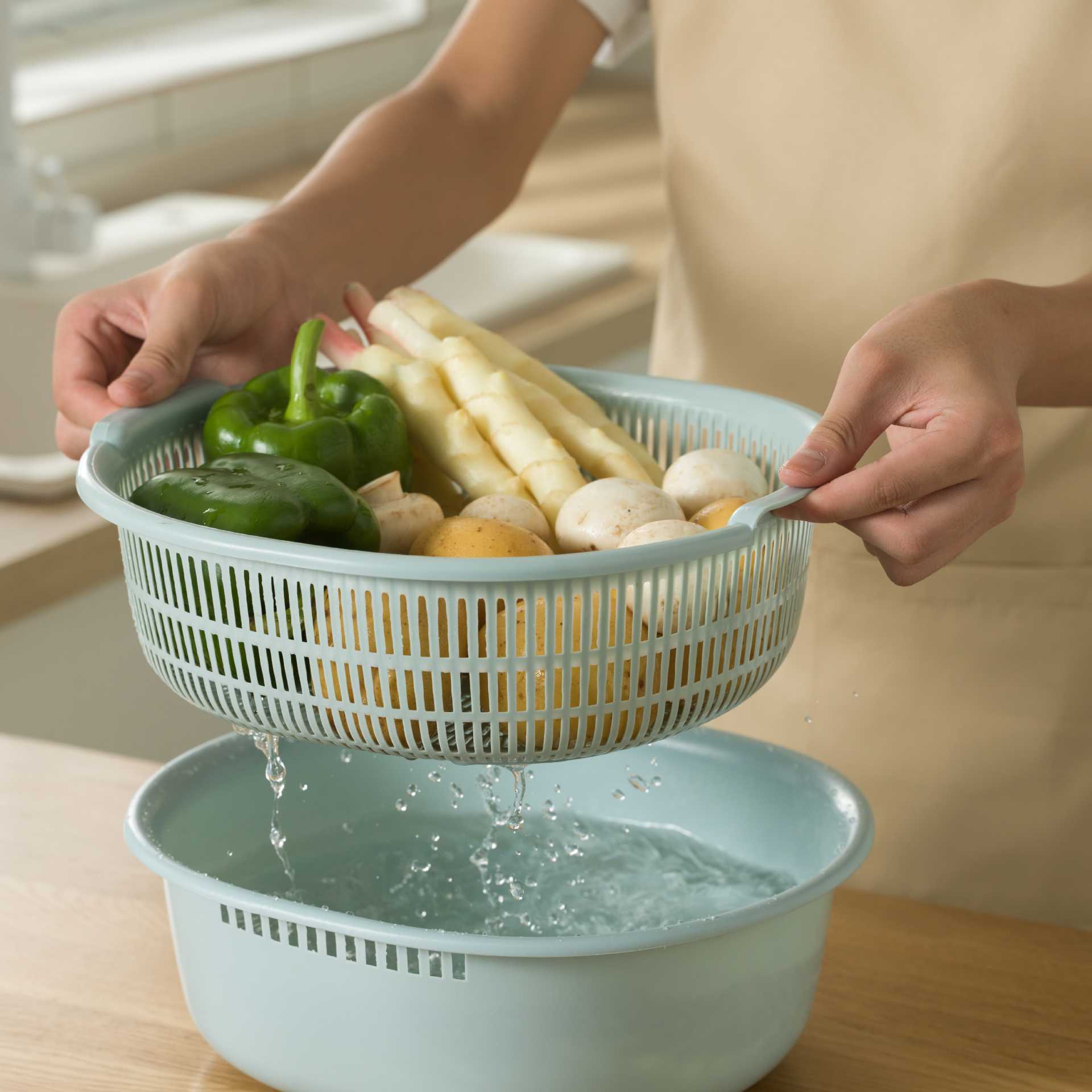 Double-Layer Plastic Vegetable Washing Basin, Large Vegetable Basket, Vegetable Washing Basket, Fruit Basin, Fruit Basket, Kitchen Cut Out Drain Basket