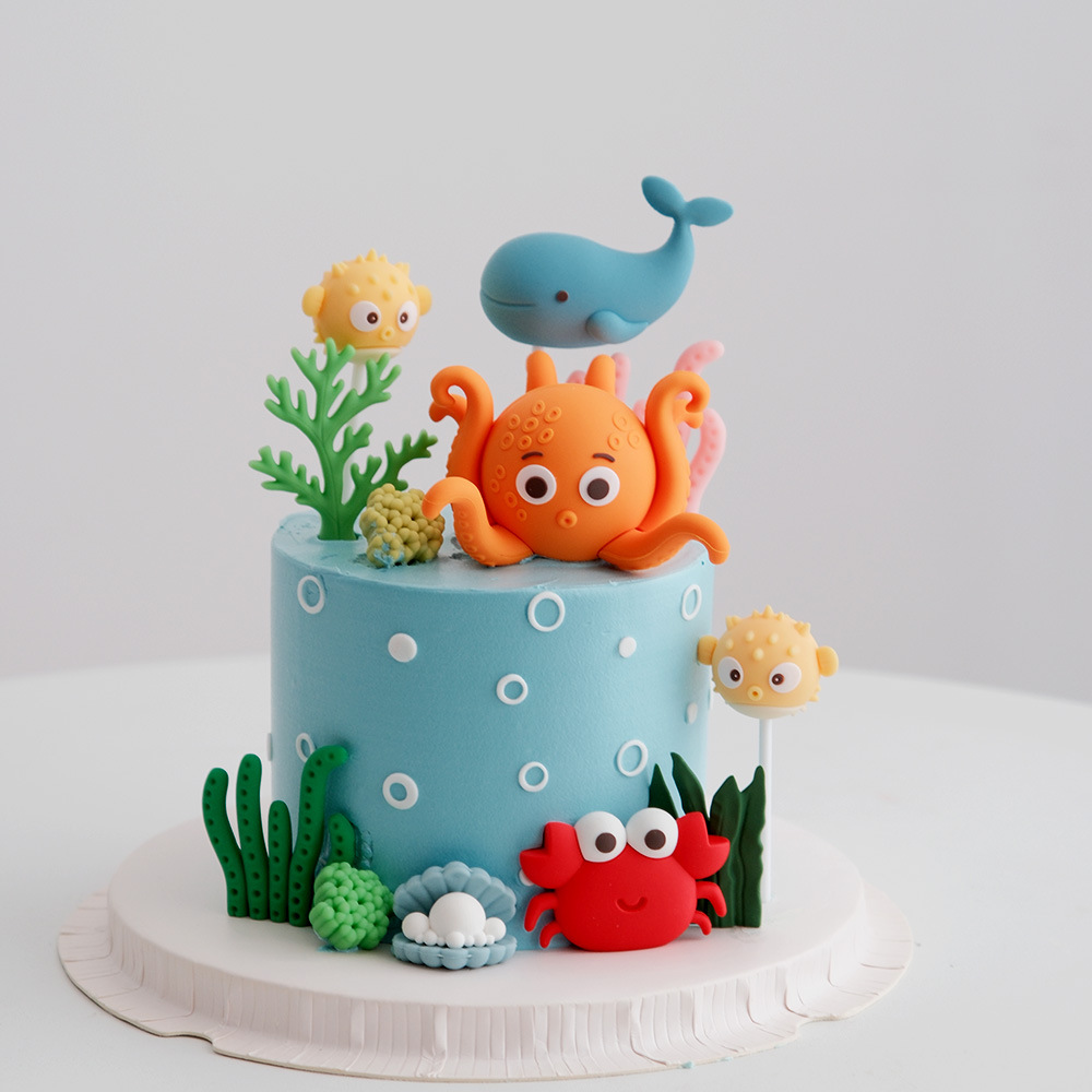 Ocean Cake Decoration, Ocean World Theme Decoration, Octopus, Porcupine, Shark, Whale, Seaweed, Crab, Shan