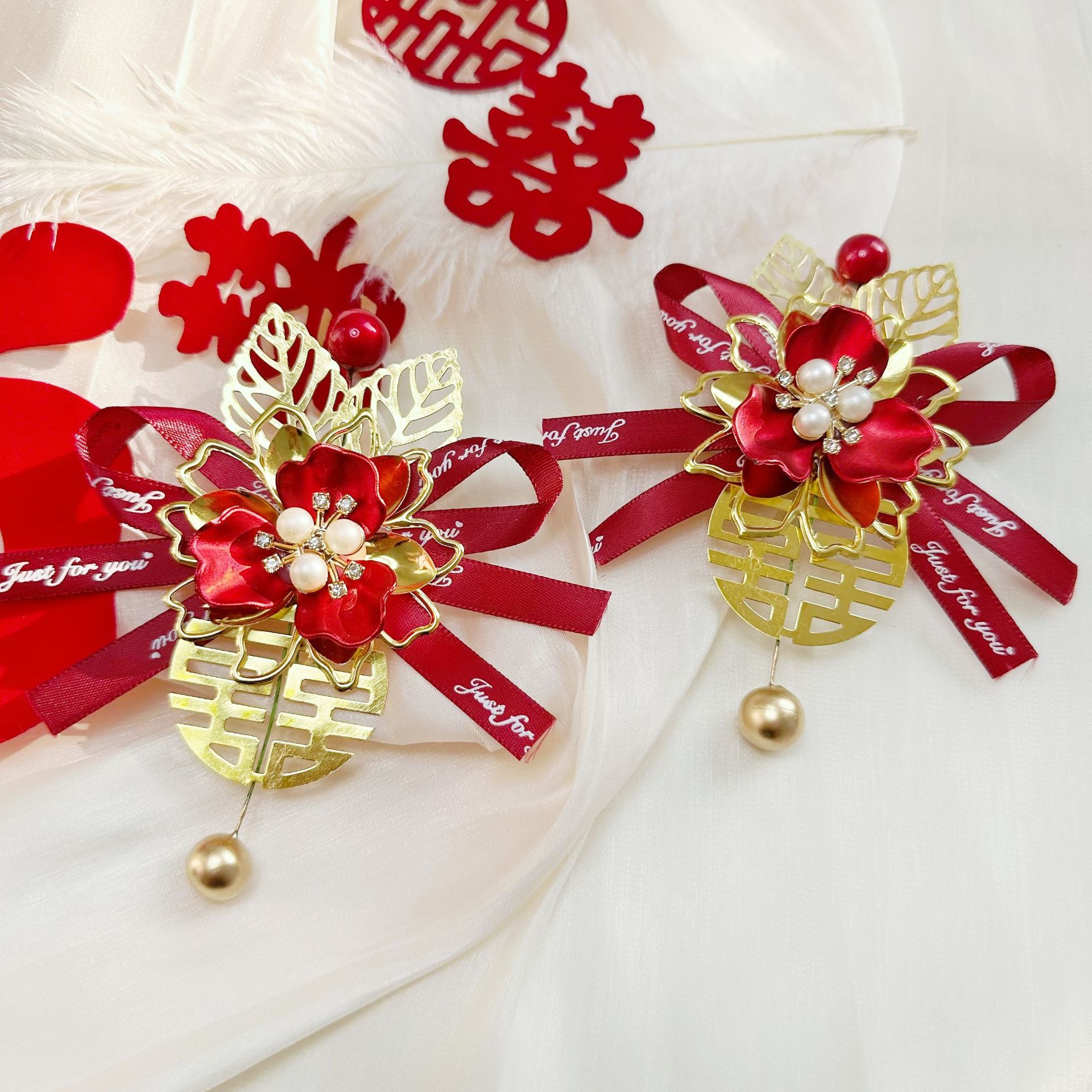 New Chinese-Style Wedding Corsage for the Bride and Groom, Full Set of Wedding Dress with Ribbons, Wedding for Father, Mother, Groomsmen, and Bridesmaids
