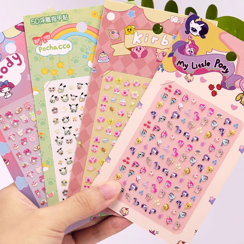 5D Embossed Children Cartoon Sanrio Kulomi Waterproof Nail Patch Hello Kitty Luminous Girl Nail Art Sticker