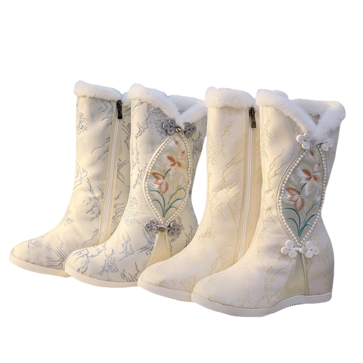 Shuya 2024 New Winter Quilted Fleece-Lined High-Heeled Cotton Boots Antique Style Zipper Gold Embroidered Woolen Mouth Cotton Shoes