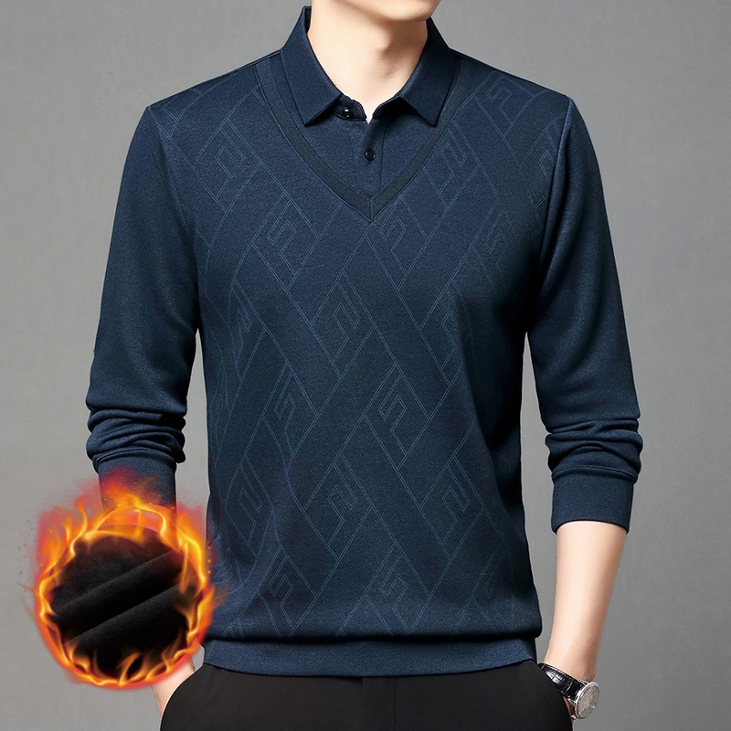 Men's fleece-lined fake two-piece men's autumn and winter new polo middle-aged dad warm base shirt a wholesale