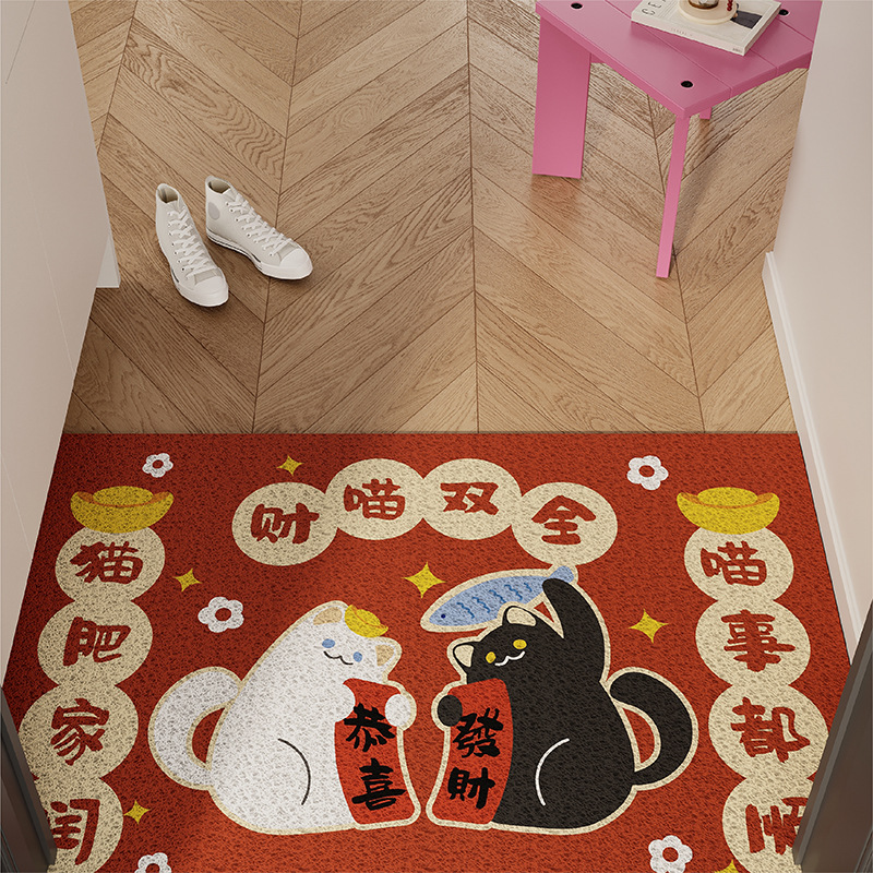Коврик для входа с котом удачи, шелковый круг, красный, новогодний, нескользящий, для удаления пыли
