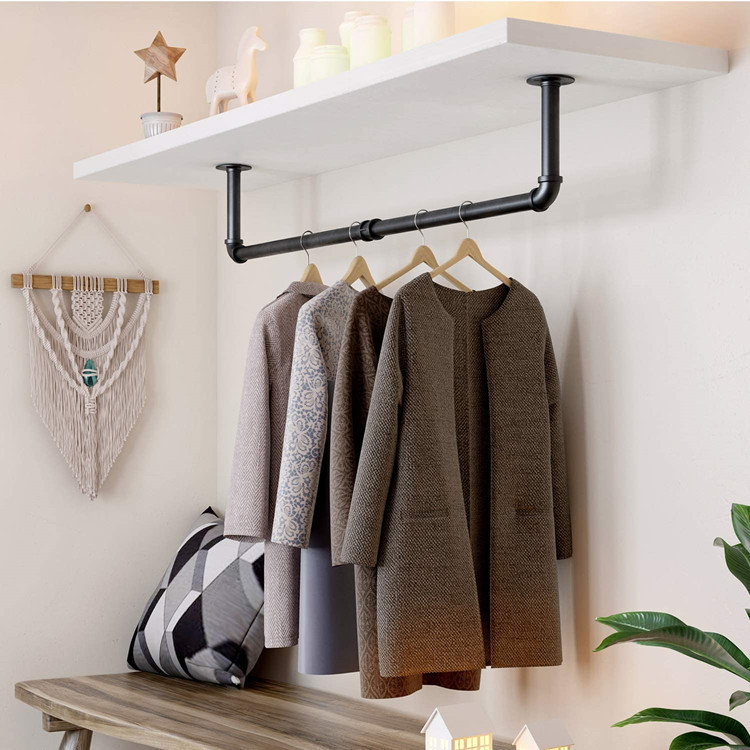 Industrial Pipe Clothing Display Rack Heavy-Duty Wall-Mounted Iron Clothes Rack Laundry Room Clothes Drying Rod Clothing Wall Storage Rack
