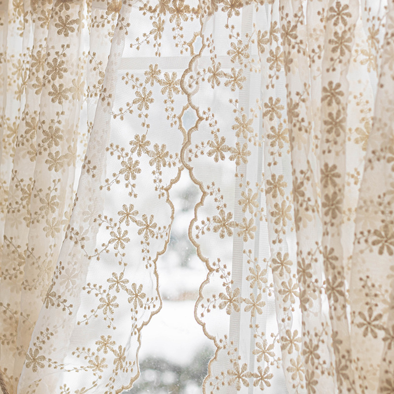 French Cream Style Lace Gauze Curtain Non-perforated Short Curtain Embroidered Half Curtain Floating Window Floor-to-ceiling Window Small Window Partition Door Curtain