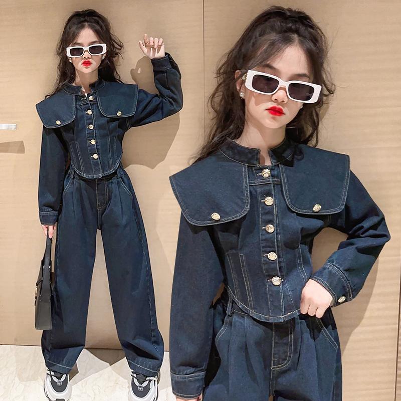 Children's Clothing Girls Spring & Fall Suit 2025 New Medium and Large Kidsren's Fashionable and Classic Large Lapel Denim Two-Piece Set