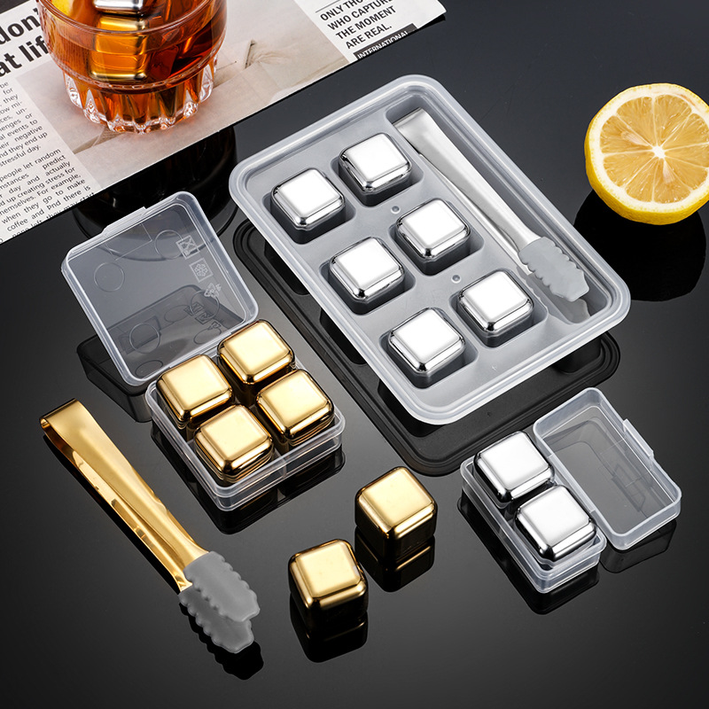 Thickened 304 Stainless Steel Ice Cube Metal Ice Wine Stone Food Grade Quick-Frozen Circulating Fast Chilled Grain PP Box Set