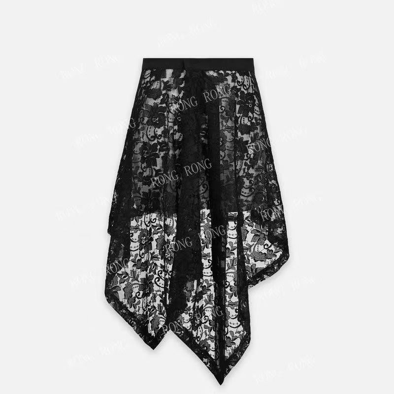 Wear a Lace Black Butt Curtain Girdle with a Soft High-Waisted Versatile Short Skirt in Summer and an Irregular Skirt with an Irregular Hem