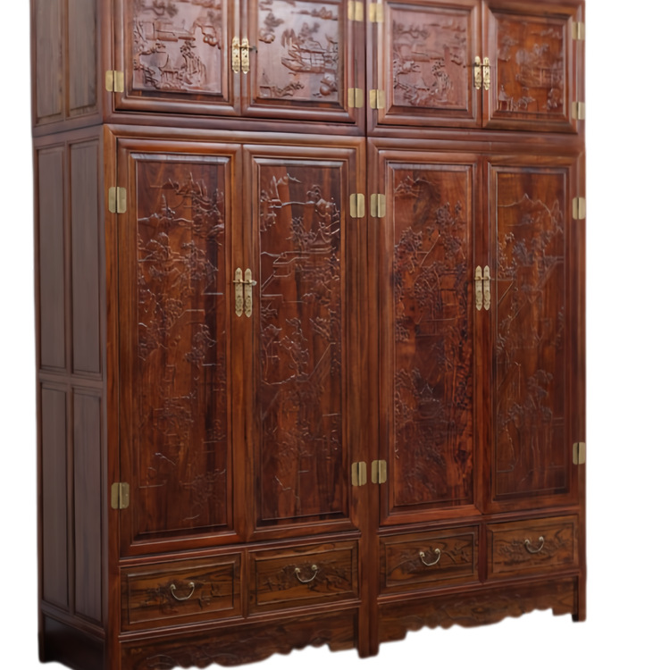 Chinese-Style Carved Bedroom Large Wardrobe Solid Wood Top Box Cabinet Combination Furniture 4-Door Assembled Cabinet Storage Cabinet Golden Rosewood