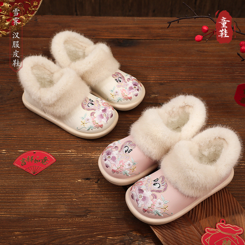 Зимние детские удобные костюмные туфли 2025 года, утепленные флисом, утолщенные, нескользящие, в древнем стиле, хлопковые туфли династии Хань из микрофибры