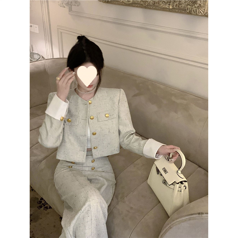 High-End French-Style Petite Fragrance Suit for Women, Spring and Autumn Outfit, Light Luxury High-End Jacket and Pants Two-Piece Set