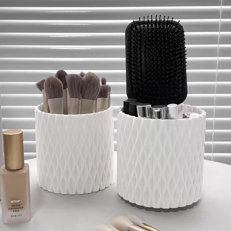Ins Style White Rotatable Large-Capacity Makeup Brush Bucket Desktop Storage Pen Holder Quilted Pattern Separated Makeup Bucket