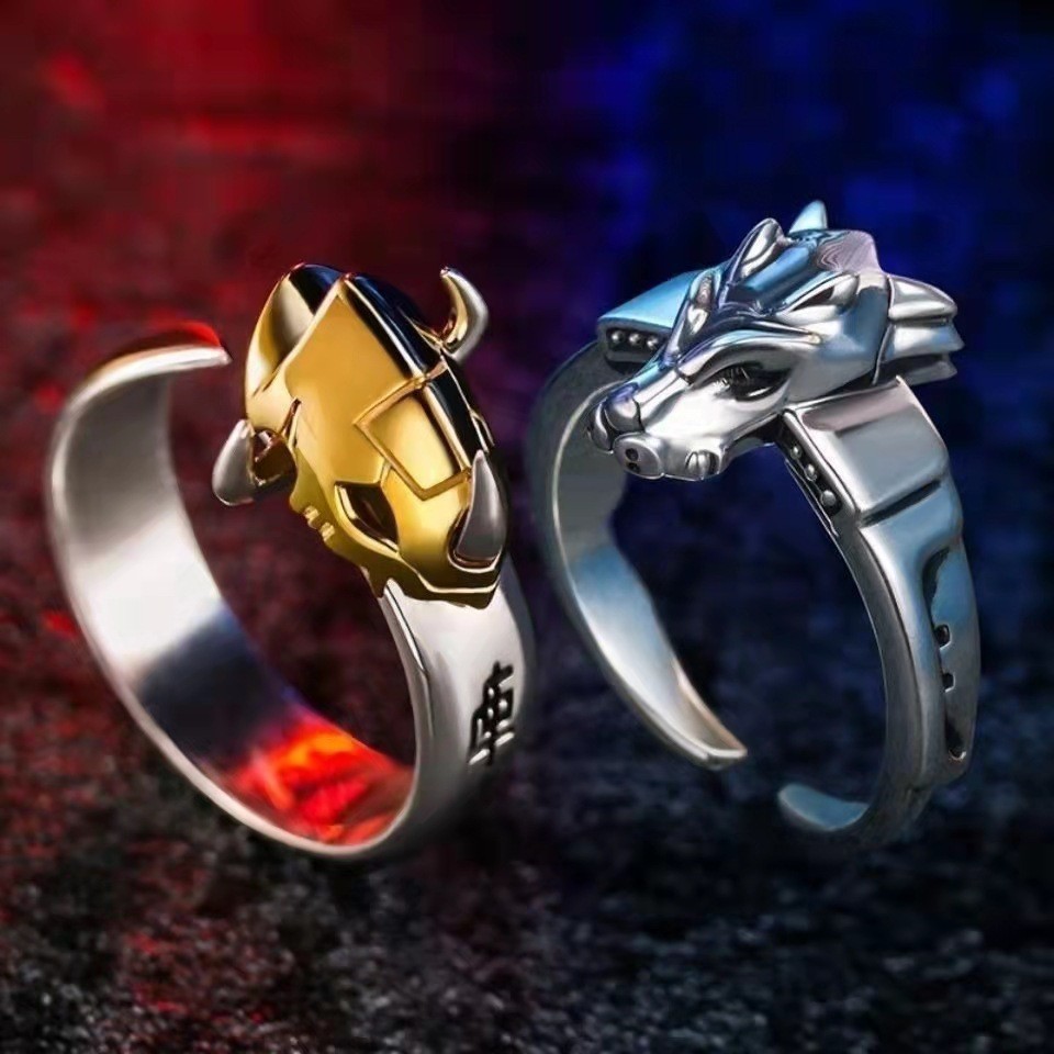 Classic Animation Digimon Ring Tyrannosaurus Sword Steel Galu Rudai Silver Couple Ring Boys and Girls Wholesale