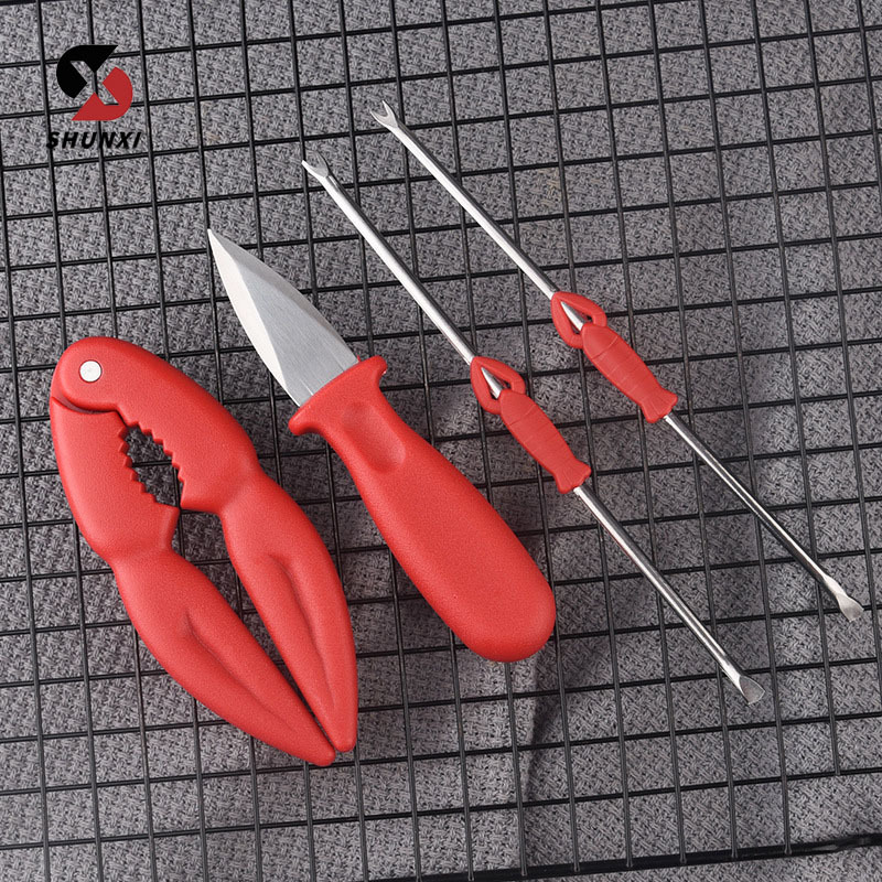 Factory wholesale crab four-piece set of stainless steel oyster knife crab knife crab needle plastic crab tongs crab tool four-piece set