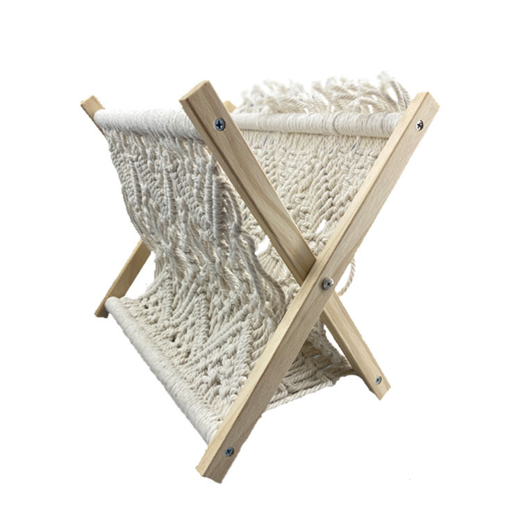 Nordic style cotton rope woven magazine rack bohemian folding storage rack solid wood storage hand woven
