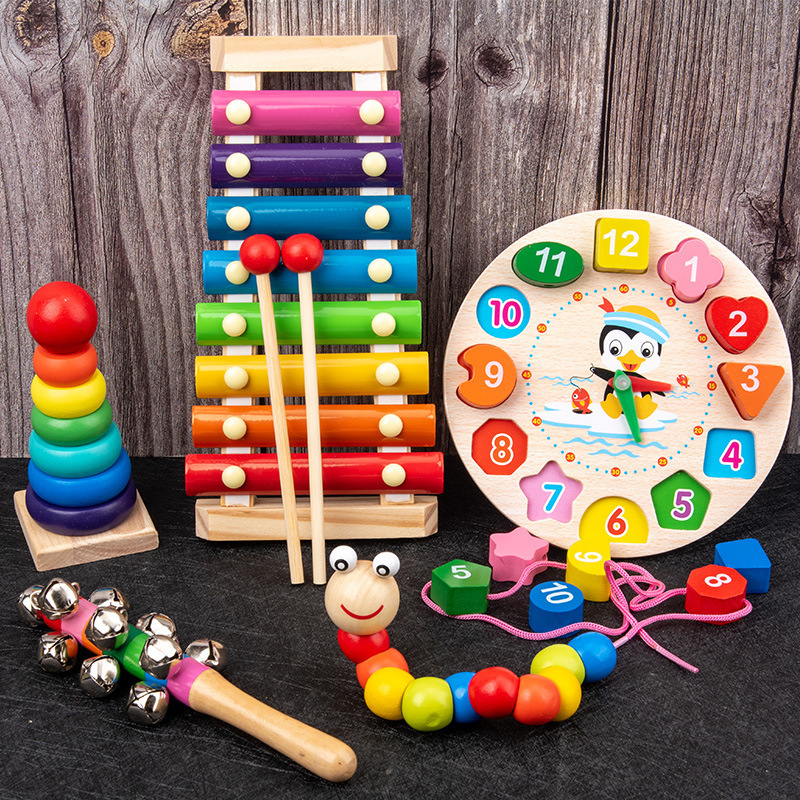 Early education educational building blocks wooden toys for infants and children round beads xylophone preschool education musical instruments nine-piece set cross-border wholesale