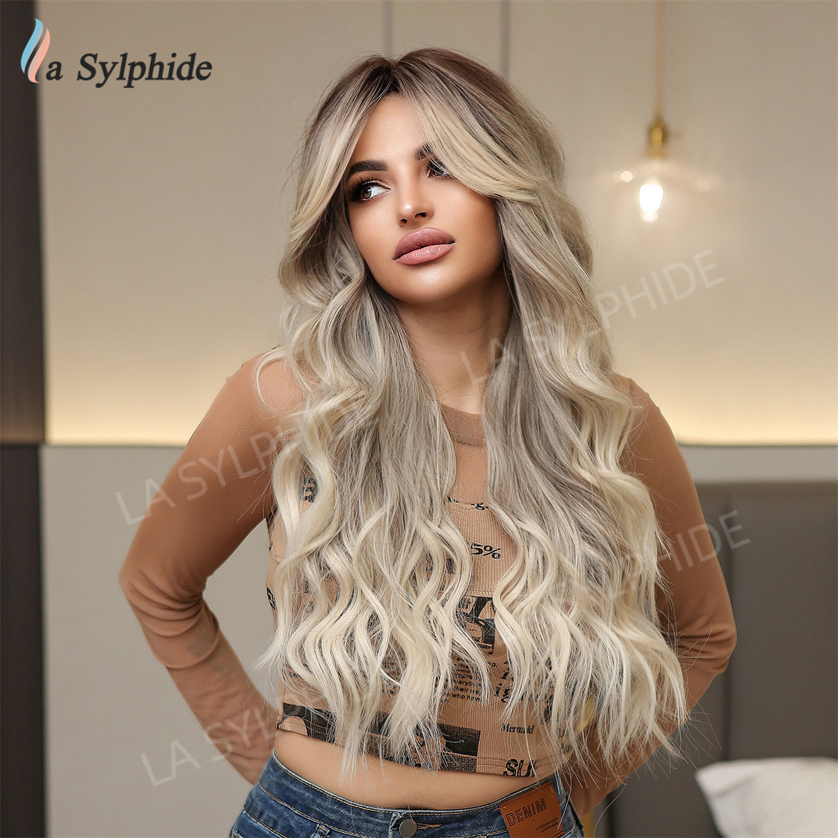 European and American full head cover wig long curly hair eight-character bangs natural gold brown gradient gray female wig high temperature silk rose net