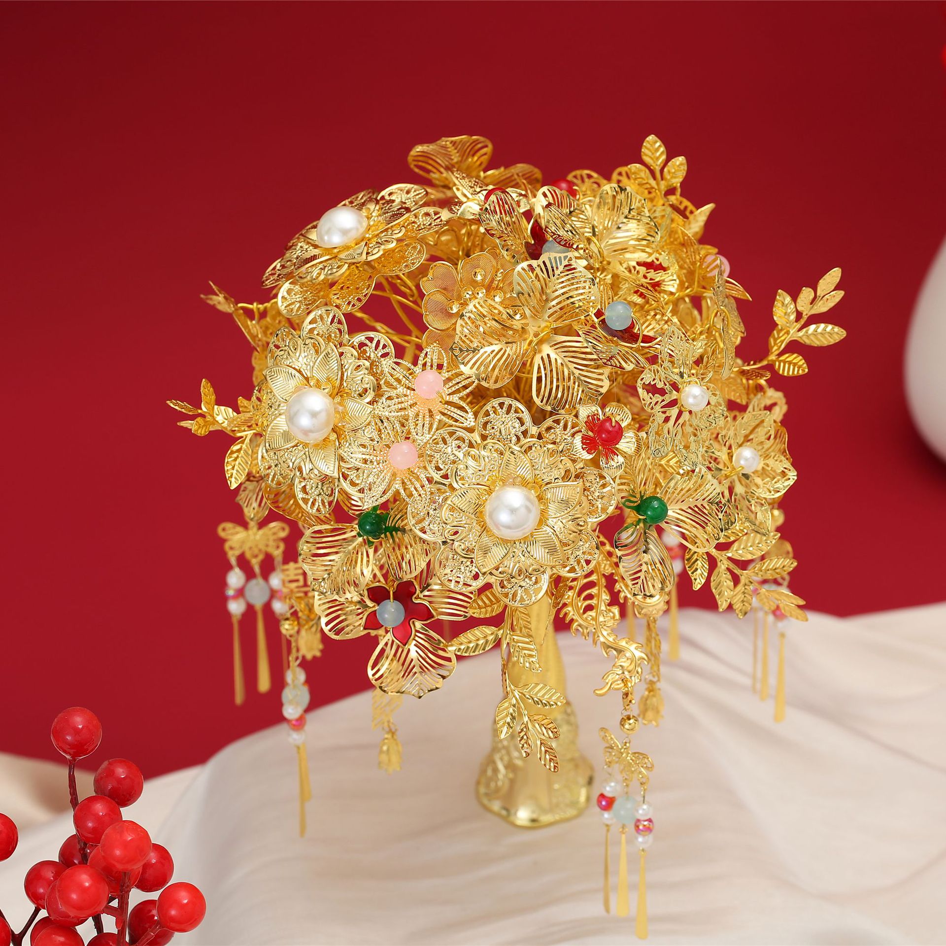 Golden Bouquet DIY High-End Material Chinese Style Bride Xiuhe Suit Fan Newlywed Cheongsam Bestie Scepter Base