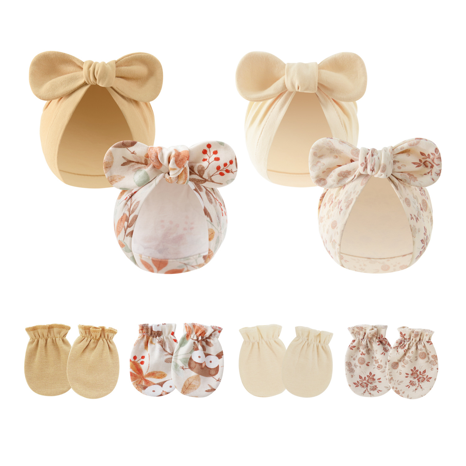 Foreign Trade Spring and Autumn Newborn Baby Fetal Hat Male and Female Baby Pullover Hat Rabbit Ear Bow Indian Hat Cotton Anti-scratch Gloves