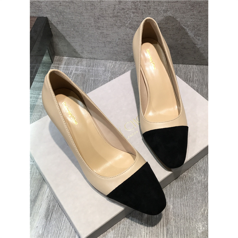 Tweed Style Thick Heel Flats for Women 2025 Spring & Fall New Apricot Mid-High Heels Genuine Leather Color Matching Ladies Versatile