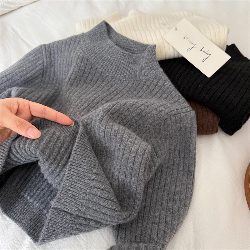 Детский свитер 2025, зимний новый свитер с высоким воротником для мальчиков и девочек, однотонный базовый свитер для малышей