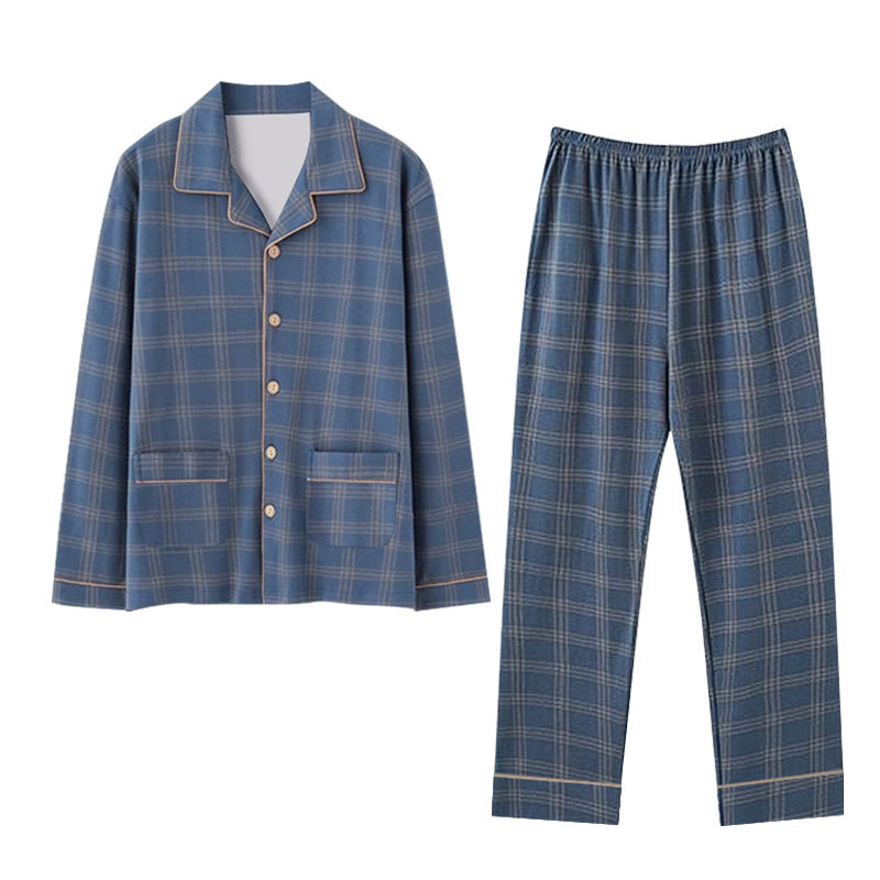 Long-Sleeved Pajamas for Men Spring and Autumn New Imitation Cotton High-End Plaid Suit Plus Size Casual Can Be Worn Outside Home Clothes