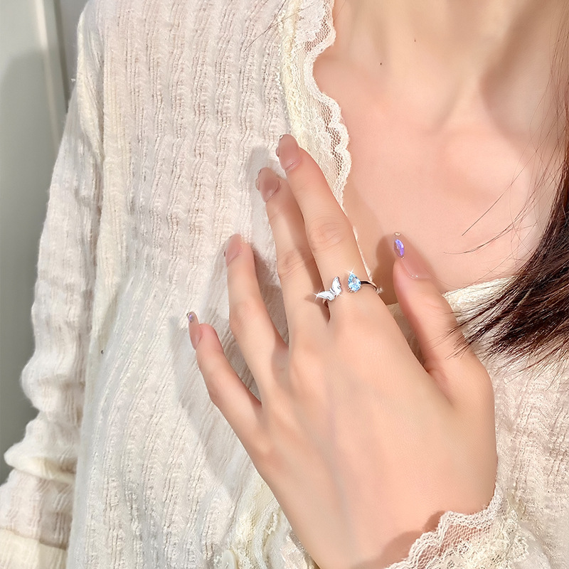 New Chinese-Style Mother-Of-Pearl Butterfly Ring Niche Natural Crystal Stone S925 Sterling Silver Adjustable Versatile Ring