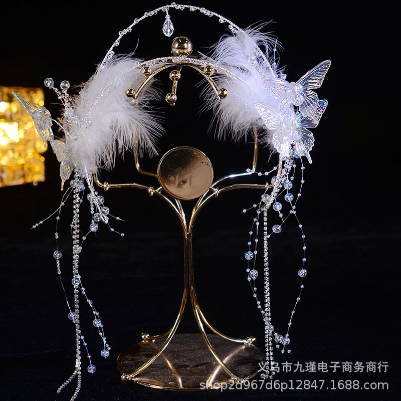 Ancient Style Hairband with Butterfly Feathers and Glass Beads, Forest-Style Bridal Headpiece for Photoshoots and Performances, Tassel Hair Accessory, Popular Forest Style Item