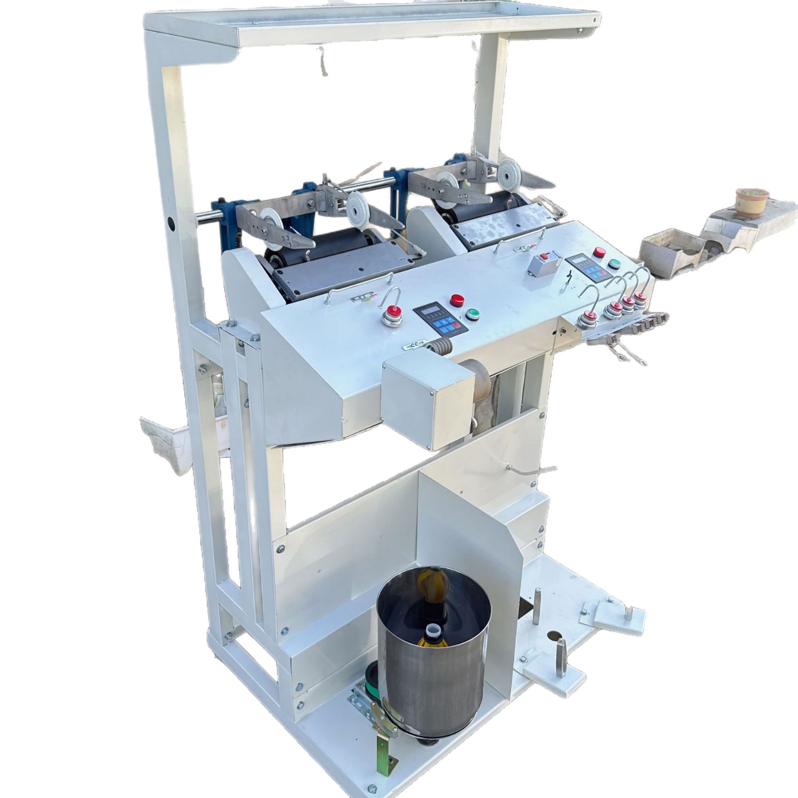 Special Four-In-One Twister for Filament Industrial Yarn. Independent Control of Speed and Meterage. Twist Adjustable and Automatic Stop When Thread Breaks