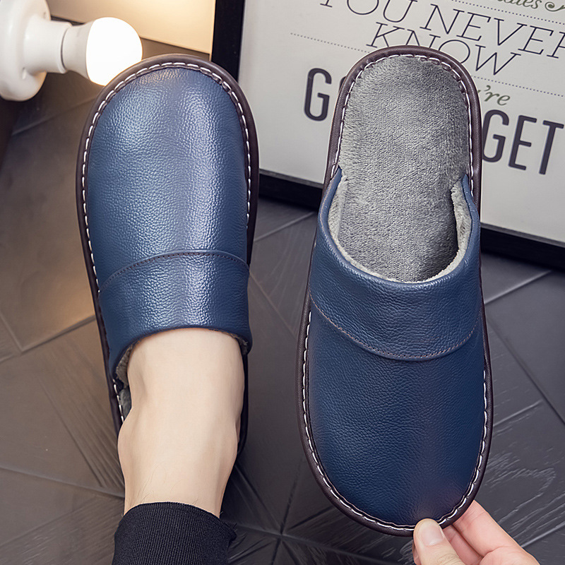 Теплые домашние тапочки из кожи, осень и зима, для мужчин и женщин, нескользящие, водонепроницаемые, с толстой подошвой