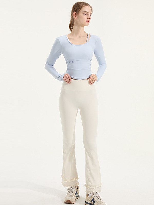 New Style Slanted Shoulder Hollow Sports Top for Women with Side Pleats, Slim Fit, Long Sleeves with Chest Pads, Fitness Yoga Wear for Autumn