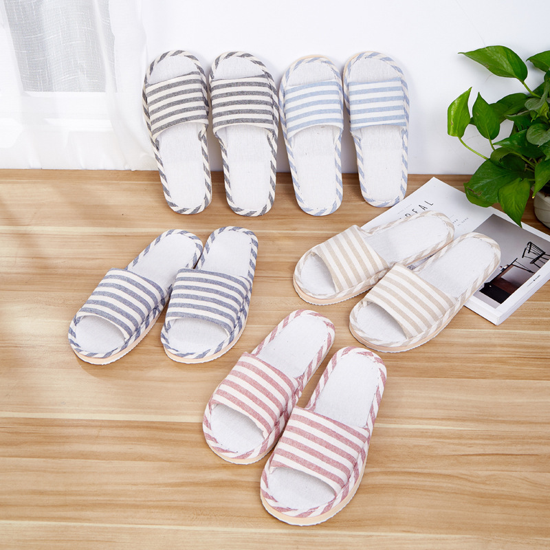 Летние полосатые тапочки для женщин, хлопок и лен, подходят для всех сезонов, для домашнего использования, универсальные нескользящие комфортные тапочки для пар